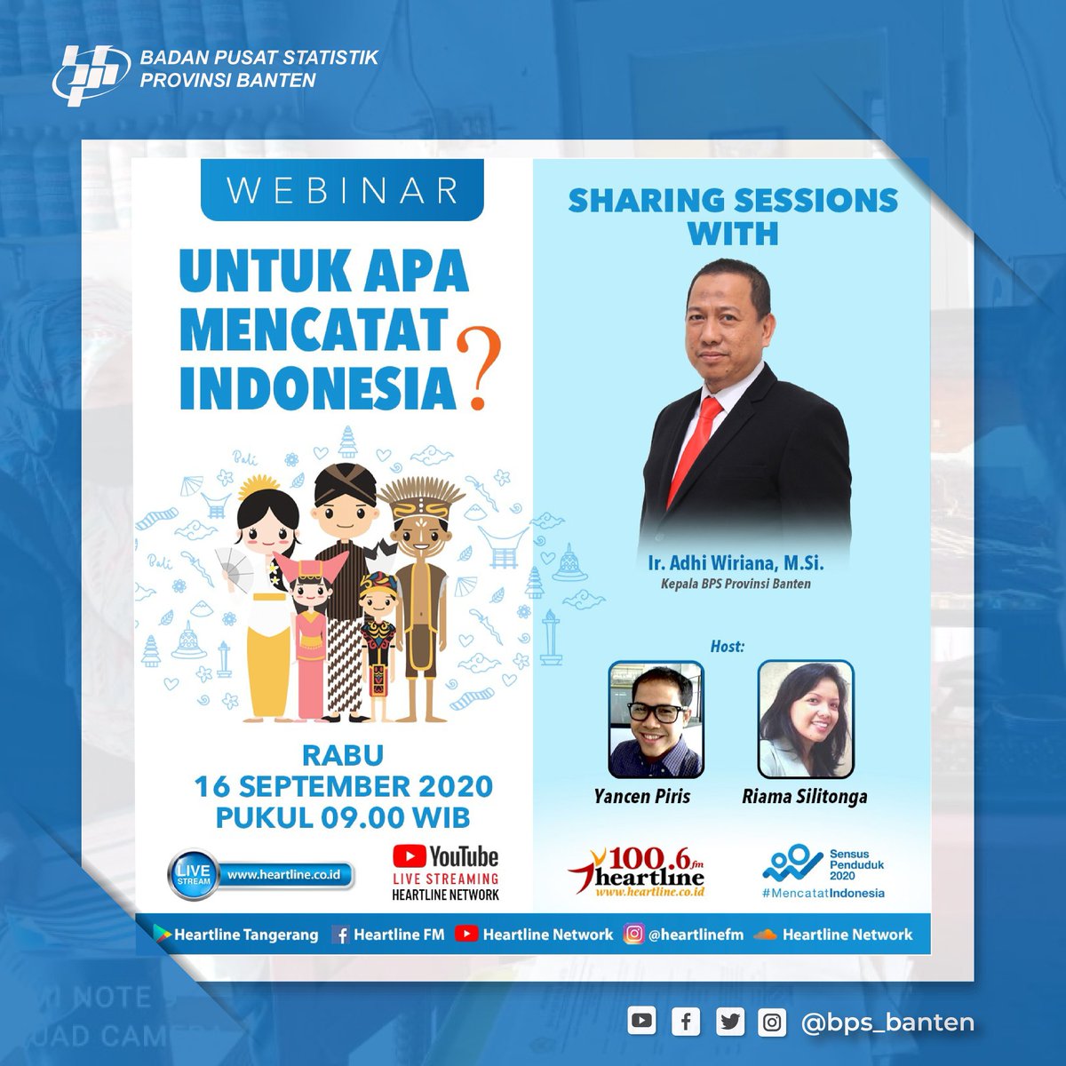 bps_banten's tweet photo. Untuk apa #MencatatIndonesia ?
Yuk simak jawabannya di @HeartlineFM 16/09/20 jam 9 pagi.
Sharing sessions bersama Kepala BPS Provinsi Banten @adhiwiriana
#SP2020 #Jawaradata #banten
@bps_statistics https://t.co/Mj2kwq3XQ7