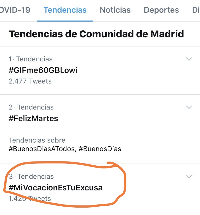 mariano_241's tweet photo. Volvemos a ser TT por segundo día consecutivo! #MiVocaciónEsTuExcusa para aprovecharte de nuestro colectivo y si alzamos la voz hacernos quedar de malos de cara a la población. De héroes a villanos en 4 meses.

No vamos a parar hasta lograrlo! 💪💪💪 @EnfMadridUnida https://t.co/CGRuNOYiH3