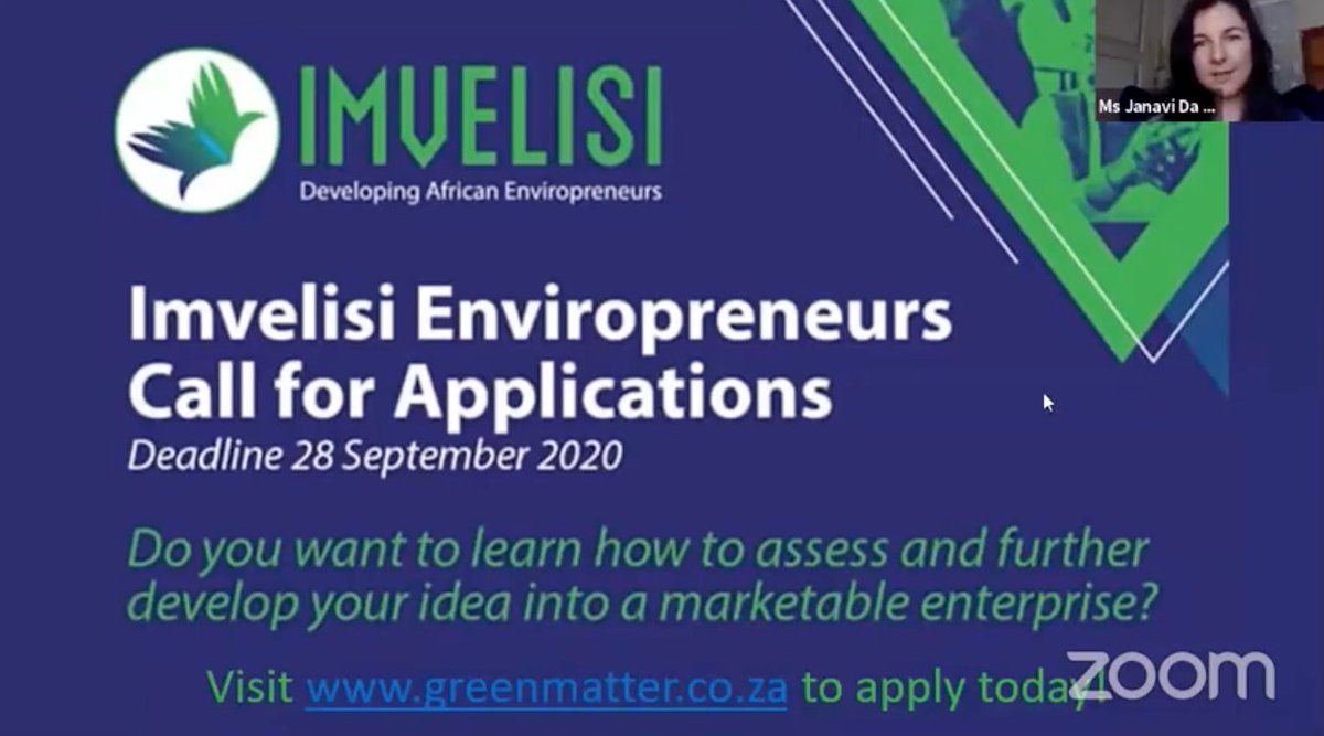 ClimateWeekSA's tweet photo. Call for enviropreneur applications!
Janavi Da Silva
#CDW2020 #TeamEurope #ClimateDiplo #TECDW2020
@EUinSA https://t.co/nObvUHAIVJ