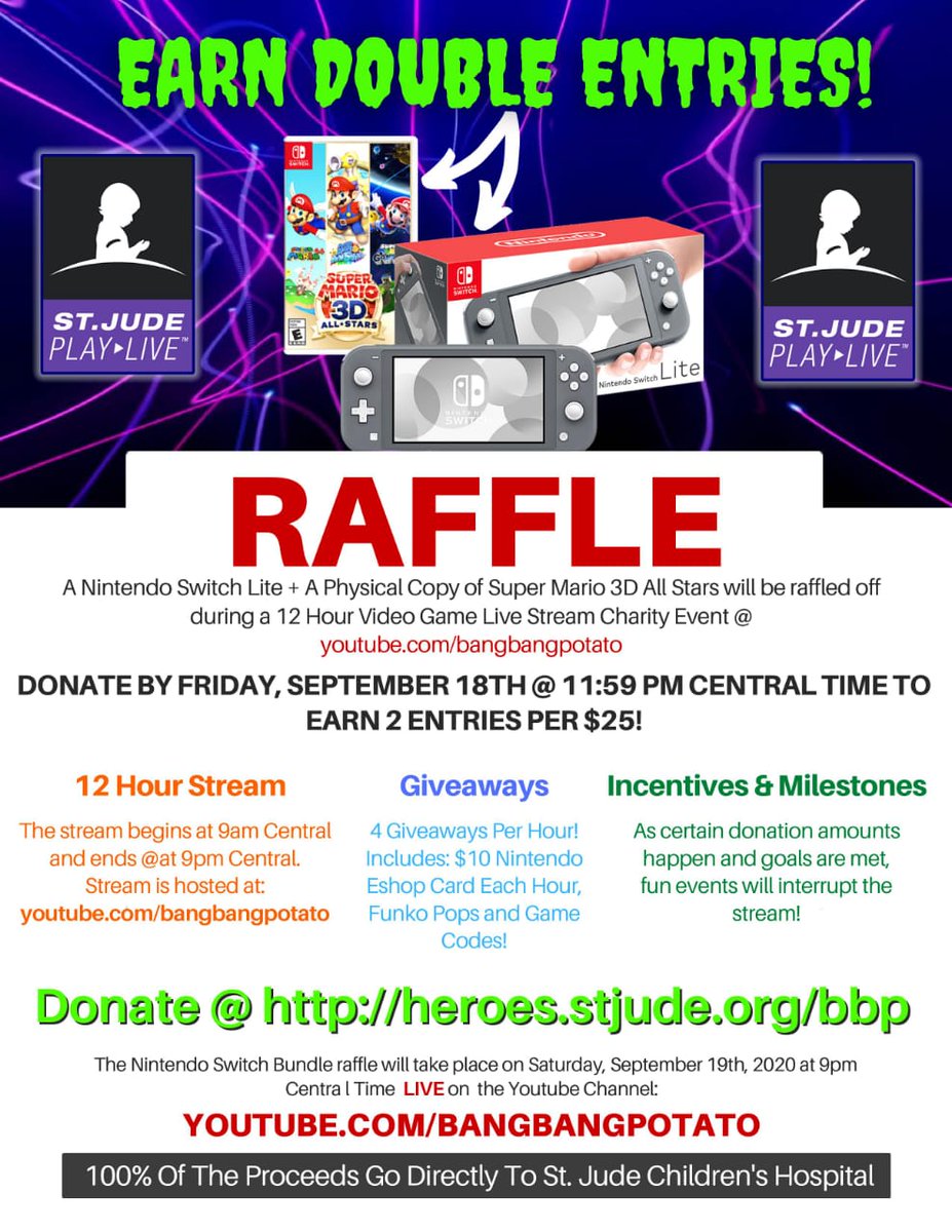 TonicNHunny's tweet photo. A 12 Hour Gaming Marathon to support #stjude children's hospital is happening on Saturday, September 19 starting at 9am Central time! A raffle for a Nintendo Switch Lite Bundle will be given away at 9pm central! Entries are $25! Read the attached flyer for more details!! https://t.co/hcqcTJlpBp