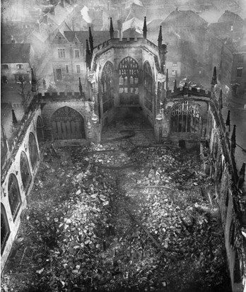 At 7:20pm, on the night of 14th of November, 1940 the most devastating bombing raid carried out on the UK began. Bombs fell, uninterrupted, for ten hours.Two-thirds of the city was destroyed, including thousands of homes. An unknown number of people died.The cathedral burned.