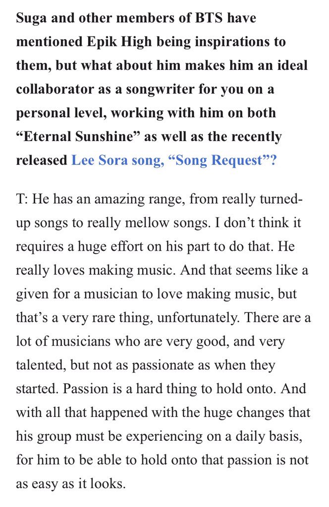 the fact that epik high was the reason yoongi started doing music and now he’s here being their producer and them praising his passion for music and how he could make anything a reality