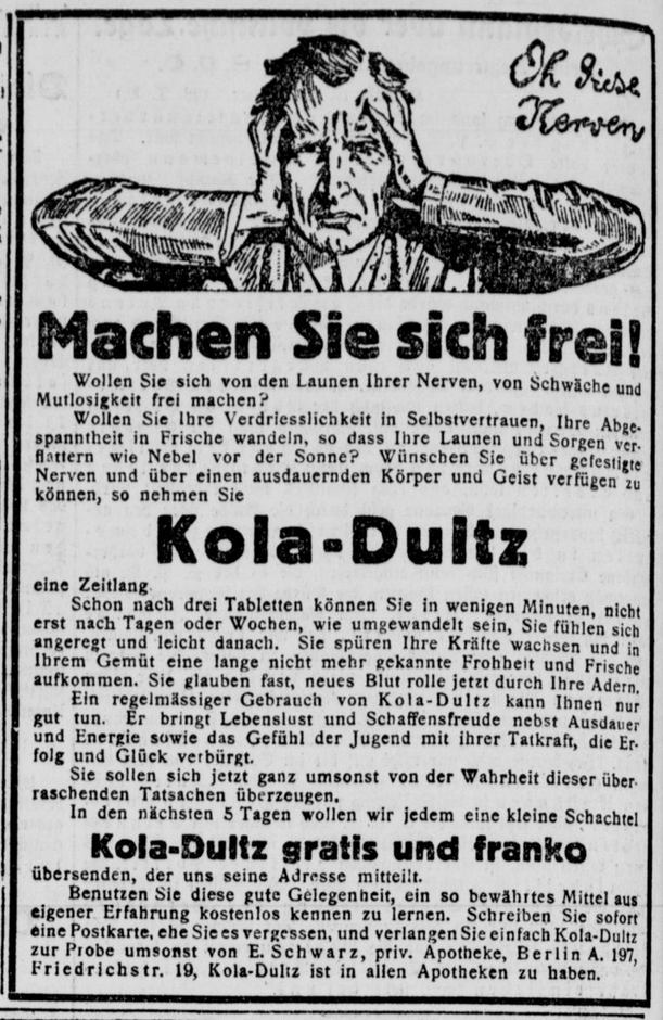 DZeitungsbaron's tweet photo. Anzeige im Berliner Tageblatt: Machen Sie sich frei! Kola-Dultz! #Werbung #Reklame #Offerten #BerlinerTageblatt #Berlin #I920. https://t.co/OuBdUCGCG5