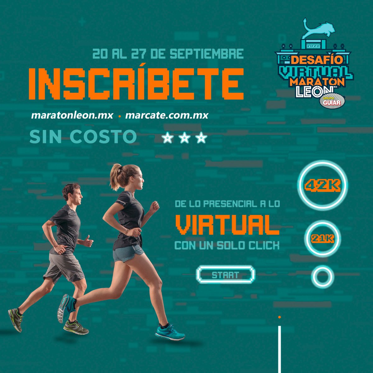 municipio_leon's tweet photo. Estás #ASoloUnClick de llegar a tu meta🏃🏾♀️🏃🏾♂️.
Participa en el Desafío Virtual Maratón León Guiar 2020, que este año permitirá el recorrido de competidores locales e internacionales a través de sitio emblemáticos de #León.
#DeLoPresencialALoVirtual https://t.co/hlQiT1jBbq