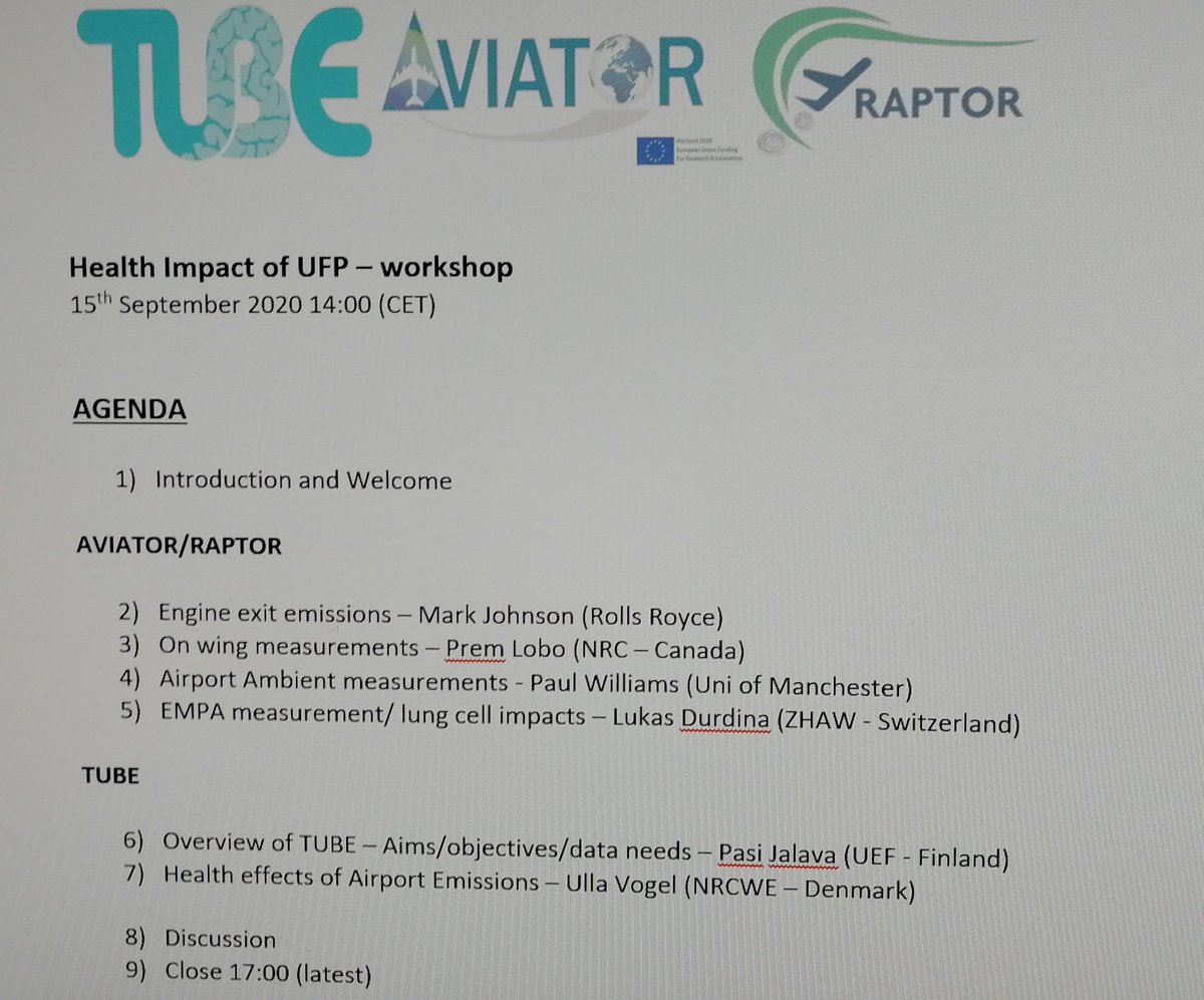 AviatorProject's tweet photo. We enjoyed our virtual workshop about Health Impact of #UFP (Ultra Fine Particles). It was coordinated with other EU Projects like @TUBE_EU_Project and @RaptorCleansky. Thanks to all the speakers and the audience. It was a very interesting and useful workshop.
@inea_eu 
#H2020 https://t.co/V1G8OhbvjY