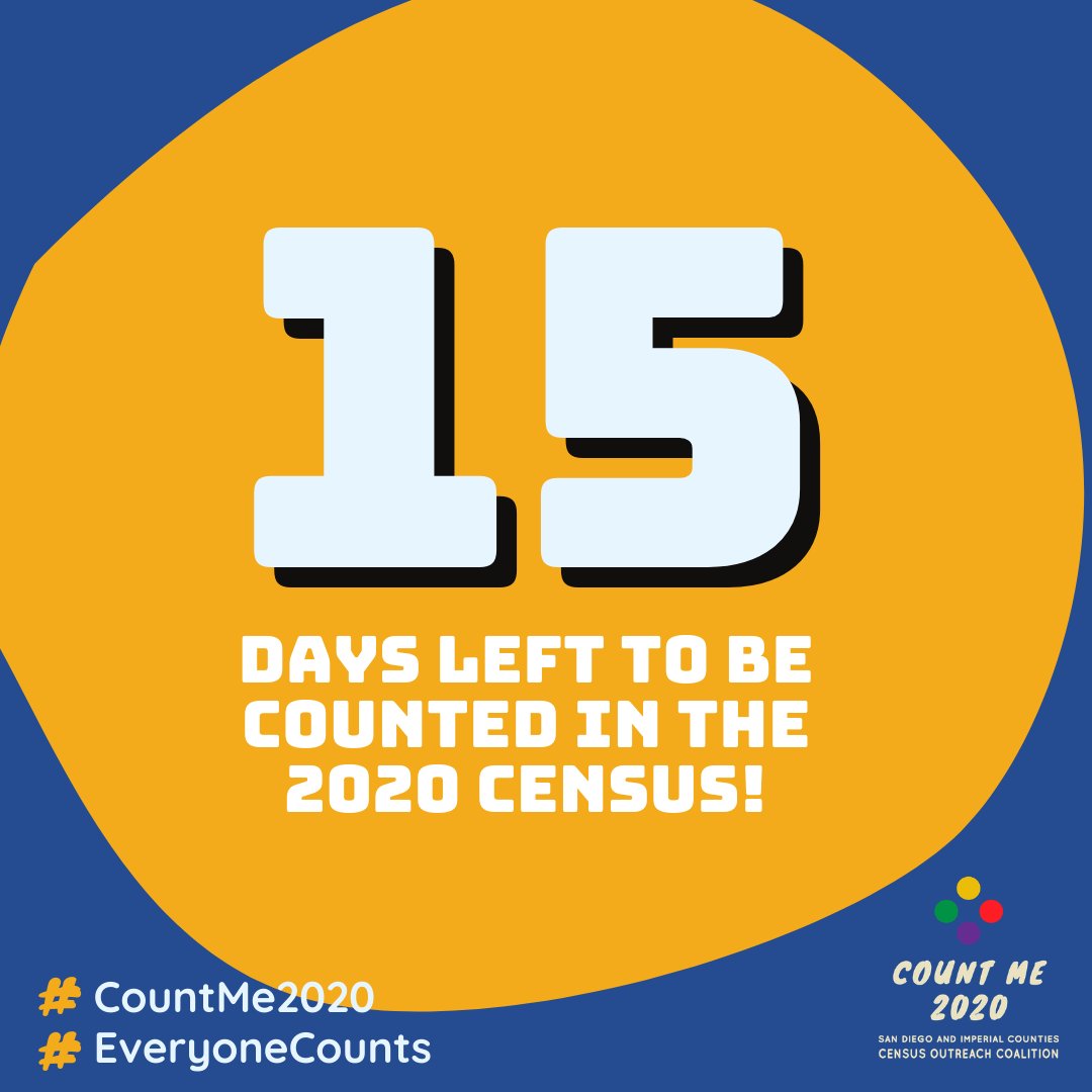 countme2020's tweet photo. 15 DAYS LEFT to be counted in the #2020census. Today, call a cousin, aunt, uncle, grandma, or any family member outside your household to help them be counted in the census. Be counted today: https://t.co/97jGiFBfu9 

#everyonecounts #countme2020 https://t.co/Ts9RSAbQxh