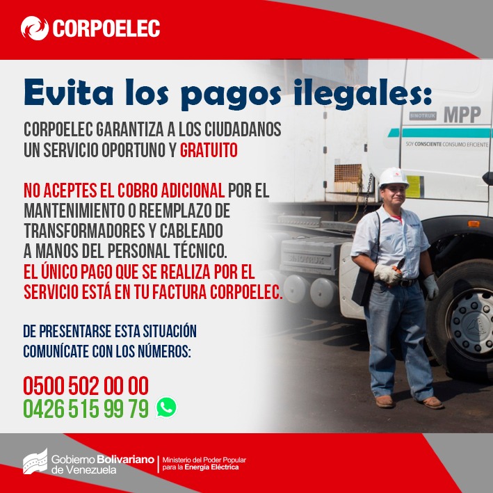 El @mppeevzla te pide evitar los pagos ilegales @CORPOELECinfo garantiza un servicio oportuno y gratuito. 

#LaVerdadDeVenezuela.