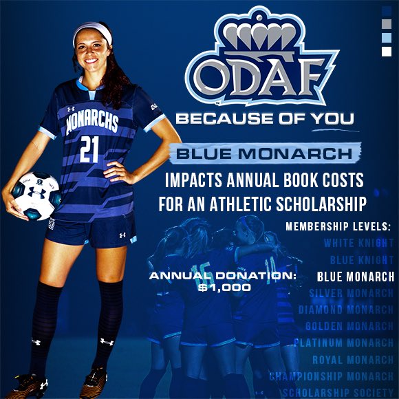 OldDominionAF's tweet photo. When you support #ODAF at the Blue Monarch level, you provide an ODU Student-Athlete with books for the entire year!
___________________
@ODUWomensSoccer @ODUSports
#ReignOn #BecauseofYou #YourImpact https://t.co/ytxggZNNXM