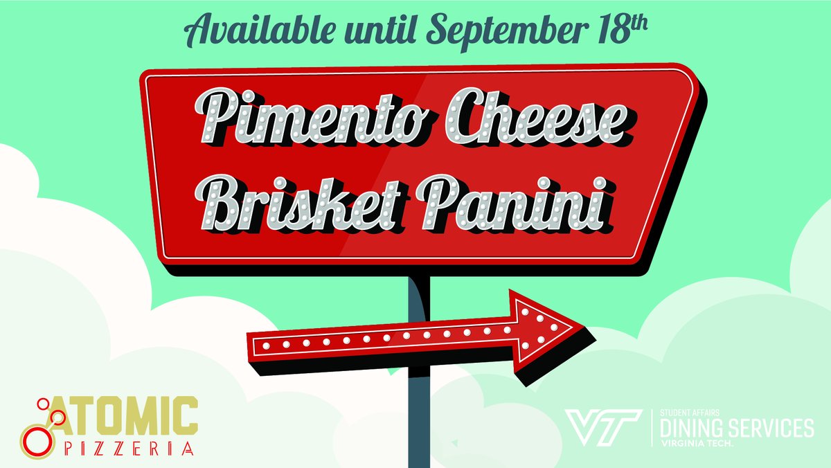HokieDining's tweet photo. We've got a southern favorite, the Pimento Cheese Brisket Panini, available at Atomic Pizzeria in Turner Place this week. Come by to try it out before the 18th, you don't want to miss it!
Visit https://t.co/szkjRVz4cW to see when we're open.
#VTDining #Atomic #TurnerPlace https://t.co/yq6VXHVLHo