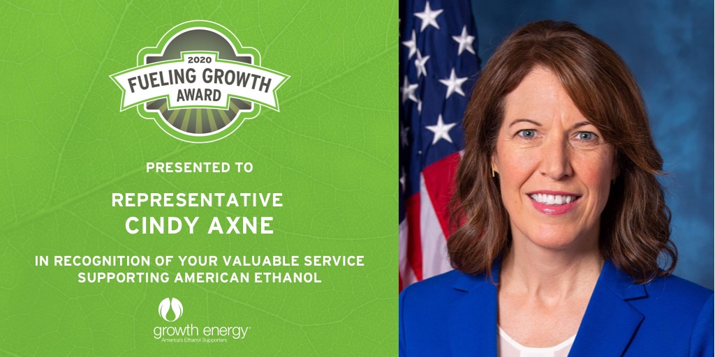 GrowthEnergy's tweet photo. We’re proud to recognize @RepCindyAxne for her ongoing work to support the biofuels industry with the 2020 Fueling Growth Award. https://t.co/4oanQoPyW3