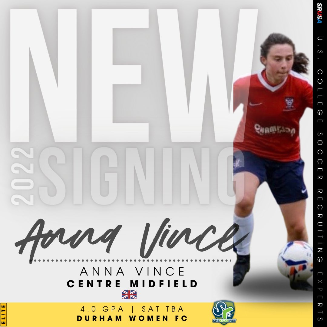 ✍ NEW WOMENS SOCCER SIGNING⁣⁣
⁣
We are delighted to welcome new #SRUSA Elite Women’s Soccer Client, Anna Vince. 

✅ Anna Vince
📍 Centre Midfield
⚽️ Durham Women FC
📚 GPA. 4.0.
🕛 Fall 2022

Welcome to the #SRUSAFamily Anna.
⁣
#Classof2022
#NewSigning 

🇬🇧⚽️🇺🇸🔥