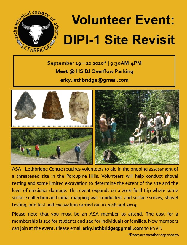 We're going back into the field (with social distancing measures in place)! Join the ASA Lethbridge Centre and come volunteer with us this weekend.