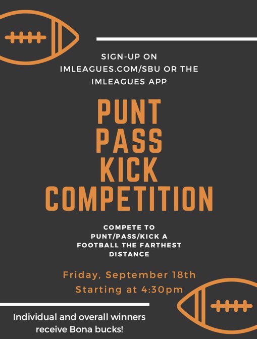 SBU_Recreation's tweet photo. Compete for Bona bucks and bragging rights this Friday! 🏈 @SBUCAB @StBonaventure https://t.co/UD5K3M2pHo