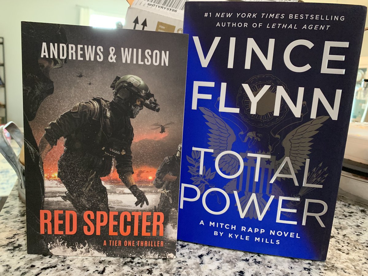 MllrChris's tweet photo. Delivery lady showed up early with a box of amazing this morning!!! #RedSpecter by @BAndrewsJWilson to replace the lost copy and todayโs newest drop by @KyleMillsAuthor and @VinceFlynncom #TotalPower #MitchRappIsBack https://t.co/urqFDqq7dz