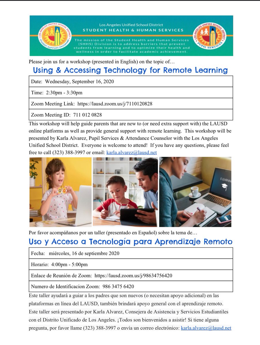 HWood_LAUSD's tweet photo. Join our Parent Workshop  for Using &amp; Accessing Technology for Remote Learning. Acompańenos a un Taller de Padres para el Uso y Acceso a Tecnologia para Aprendizaje de Remoto. https://t.co/VCn0Zibdwe