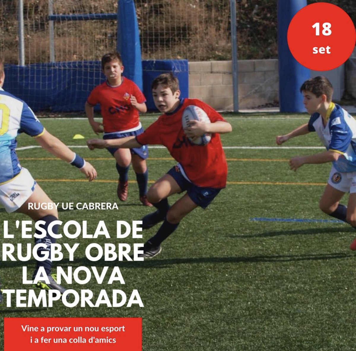RugbyUECabrera's tweet photo. T'agrada el rugby? Vine aquest divendres a les 17.30 h a entrenar amb els equips infantils de 3 a 16 anys.  
#rugby #esport #extraescolars #cabrerademar #maresme https://t.co/7TvCBF7zU0