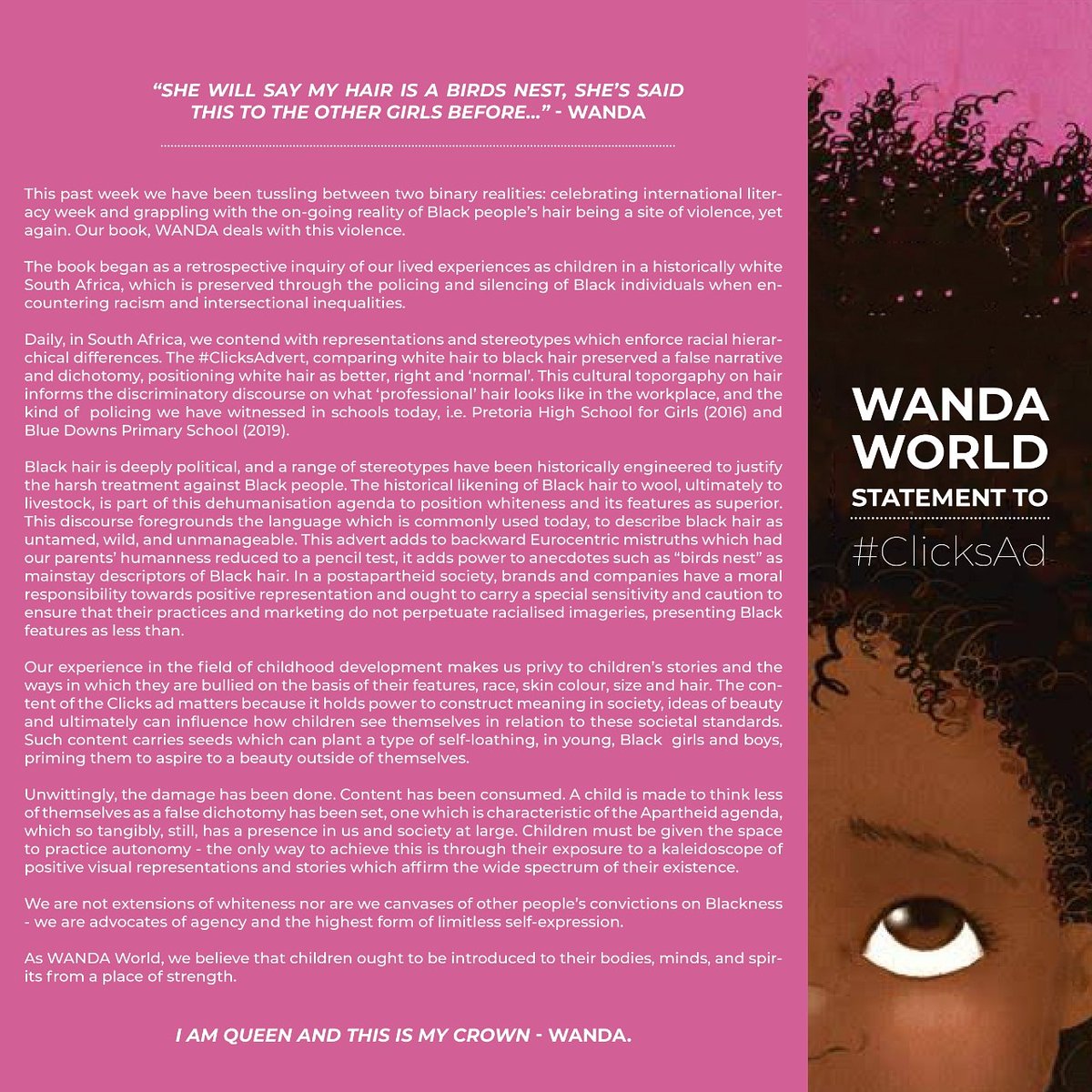 _Ms_Tlali's tweet photo. "Children must be given the space to practice autonomy - the only way to achieve this is through their exposure to a kaleidoscope of positive visual representations & stories which affirm the wide spectrum of their existence" - WANDA World Statement to #clicksad https://t.co/85Rg6MfAel