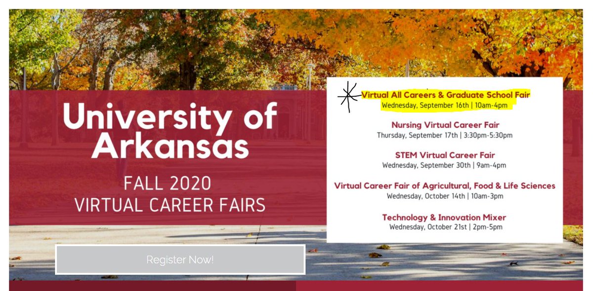 uamschp's tweet photo. 📣Attention UofA students!! We are so excited to participate in the All Careers &amp; Graduate School Virtual Fair at the @UArkansas! UofA students be sure to register to learn more about @uamschp on Sept.16th @ 10am. Visit https://t.co/YITE4smCcq #uamschp #uamshealth #UARK https://t.co/qhiTRCWKEH