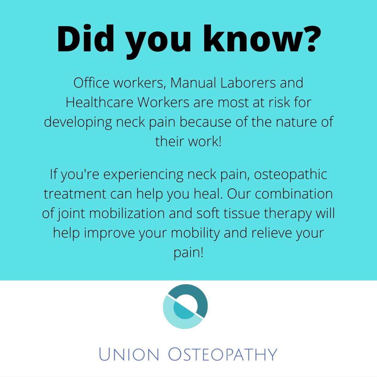 OsteopathyUnion's tweet photo. Got neck pain? We can help! #osteopathy #tuesdayvibes #neckpain  #Healing https://t.co/qLc4QuVhTi