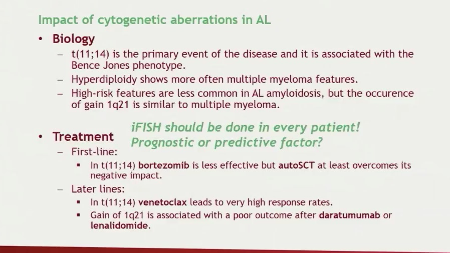 Dr Schönland at  #ISA2020 cytogenetic aberration impact prognosis in AL --> 1q21 gain has poorer prognosis in AL similar to MM. In t(11;14)consider venetoclax ASAP