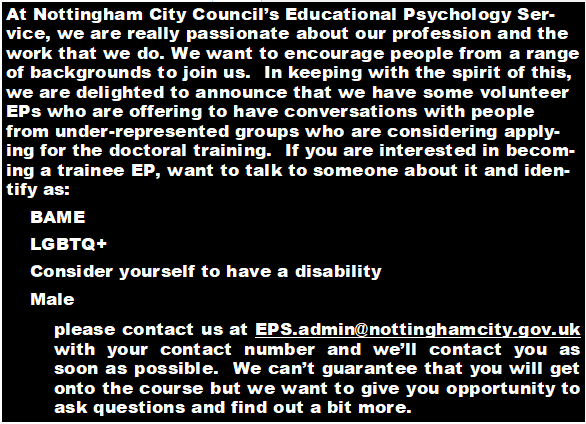 nottm_eps's tweet photo. We think that Educational Psychology is a fantastic profession and would like to encourage people from a range of backgrounds to apply for training... please see our offer below #twitterEPS #supportingdiversity https://t.co/iTloypghFk