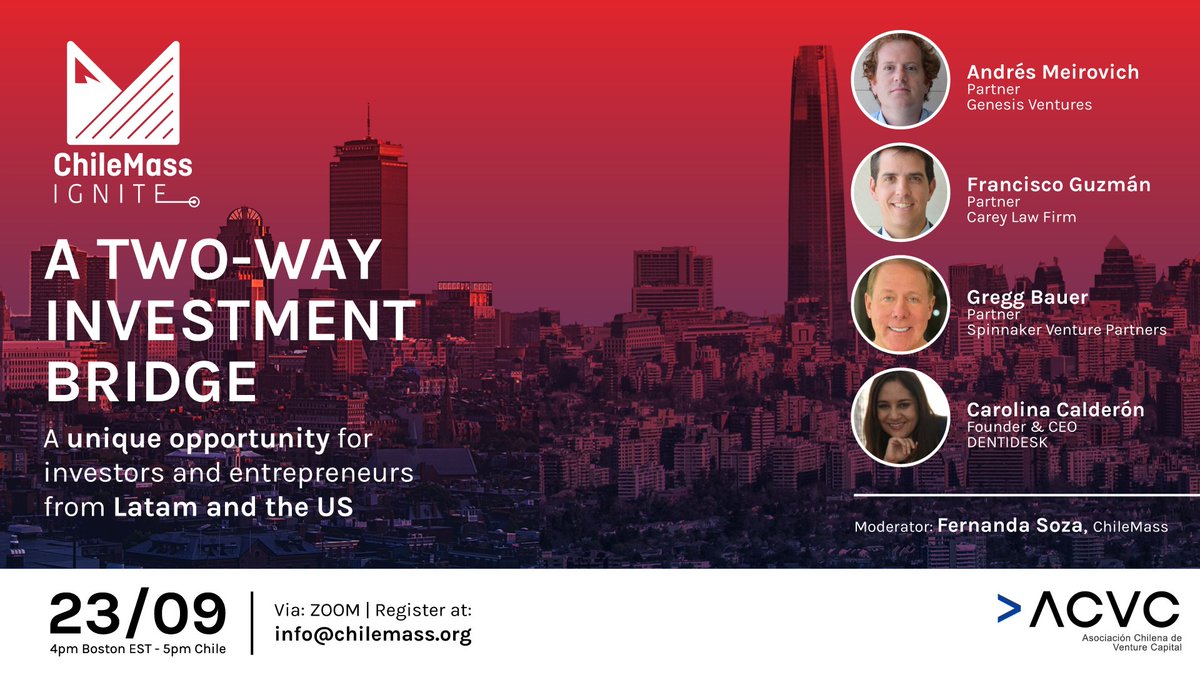 ACVCchile's tweet photo. Next week @ACVCchile @ChileMass will host the event “A TWO-WAY INVESTMENT BRIDGE" where you can learn how to identify new investment opportunities, that will deliver a faster and more targeted return on your investments between US and Chile.    
Register➡️ https://t.co/XQw09Ow3Ra https://t.co/f73caOCHGV