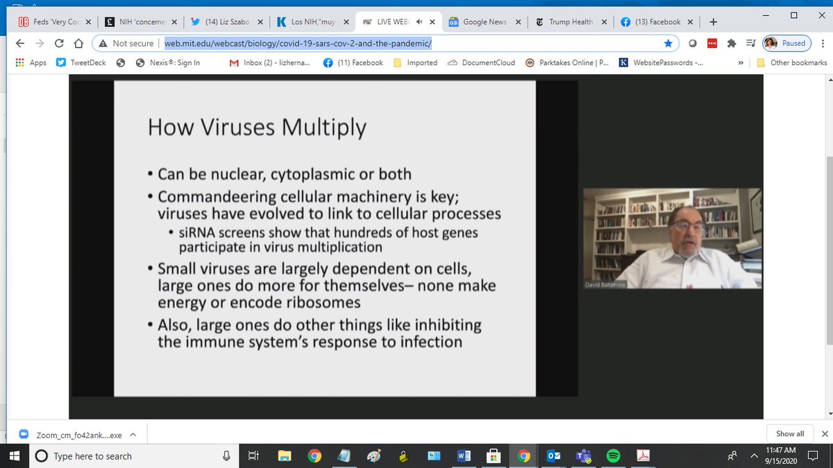 LIVE: David Baltimore, who won Nobel Prize in 1975 for his work on retroviruses, is lecturing online about viruses. Viruses can multiply 100-fold in 20 minutes. "Viruses have to continually find new hosts that haven't experienced the virus."