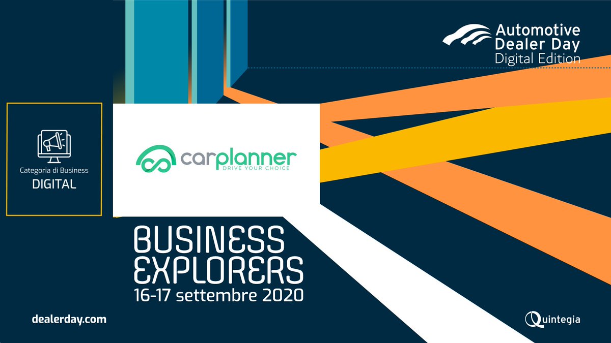CarPlannerIT's tweet photo. 📣Al via domani 16 Settembre l'Automotive Dealer Day 2020, uno dei più importanti eventi europei per gli operatori del settore automotive. CarPlanner è lieta di partecipare come sponsor nella categoria Digital per presentare i suoi strumenti innovativi. #ADD20 https://t.co/zAZQeIqdWO