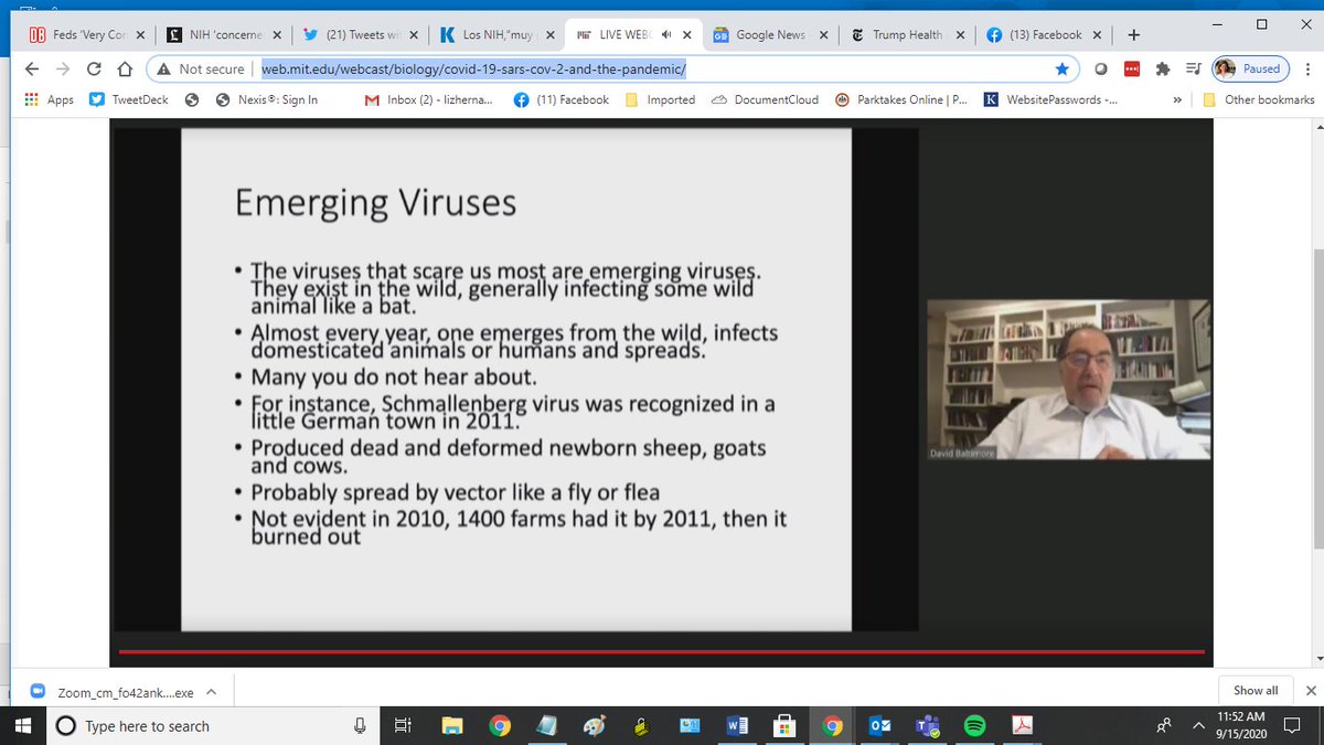 LIVE: David Baltmore mentions Schmallenburg virus, which emerged on a farm in 2010 and within a few years had reached 1400 farms before burning itself out.