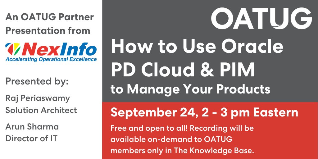OATUG1's tweet photo. #Oracle user managing products? Join @NexInfoSolution for insights on how to use #OracleProductDevelopment and #OracleProductInformationManagement together or separately for better results. Free! (Replay available only to members.)
Register: https://t.co/PffflMrk2r https://t.co/8tn8EDcnC1