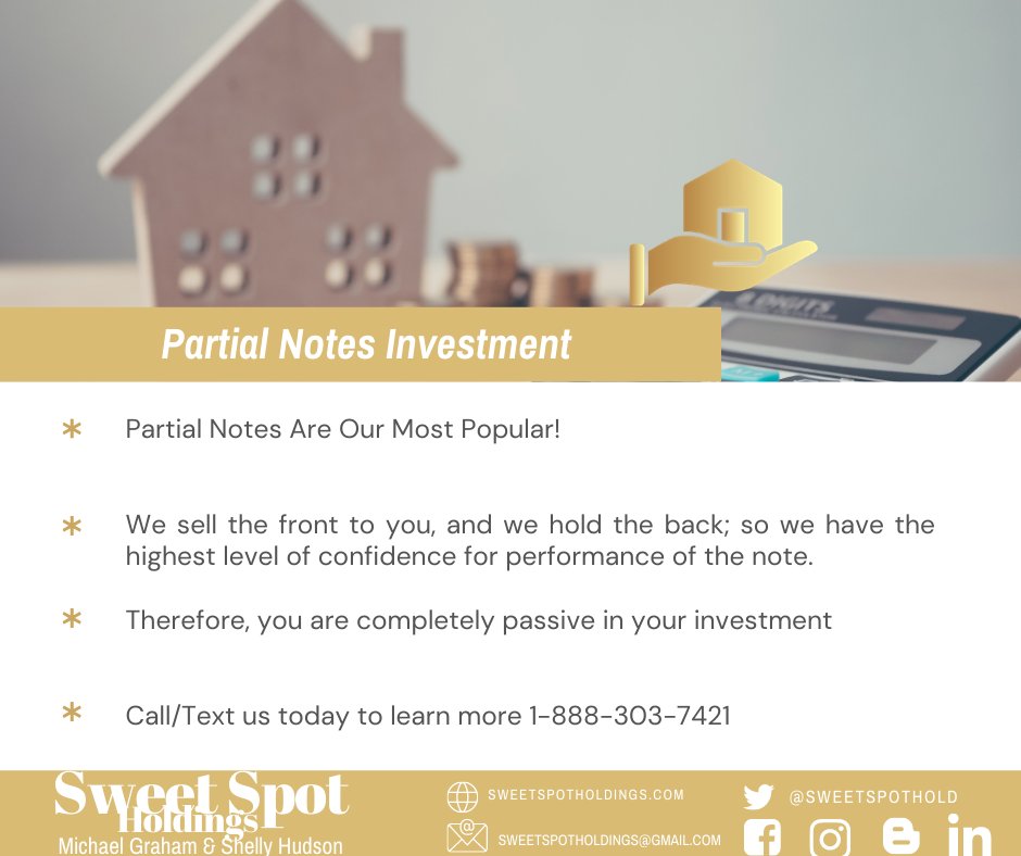 SweetSpotHold's tweet photo. WE Sell Partial Notes | Learn more https://t.co/tC3J3Dl78c | https://t.co/YOJB112DZV | 1-888-303-7421 #partialnotes #noteinvesting #mortgages #mortgagenotes #notebuying #noteinvestment #noteselling #investors #nationalinvesting #notebrokerage #charleston #summervillesc https://t.co/I3Yhq1v5sL