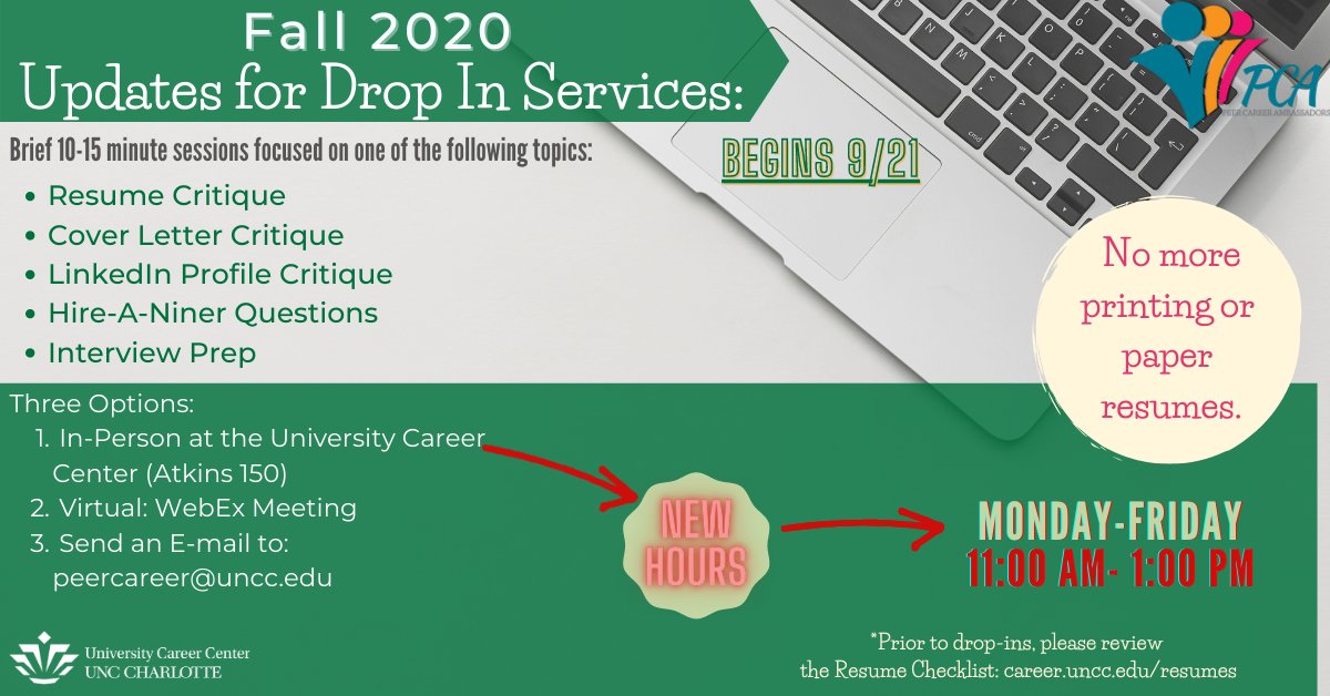 CLTCareerCenter's tweet photo. Need guidance regarding your resume, cover letter, or interviewing strategy? Starting on Monday, September 21st, you can visit the Career Center OR visit our website and click the new "Drop-ins" button to get assistance! #HireANiner #UNCC20 🤙 https://t.co/zp6uK0xF65 https://t.co/rCgLJ8YvvB