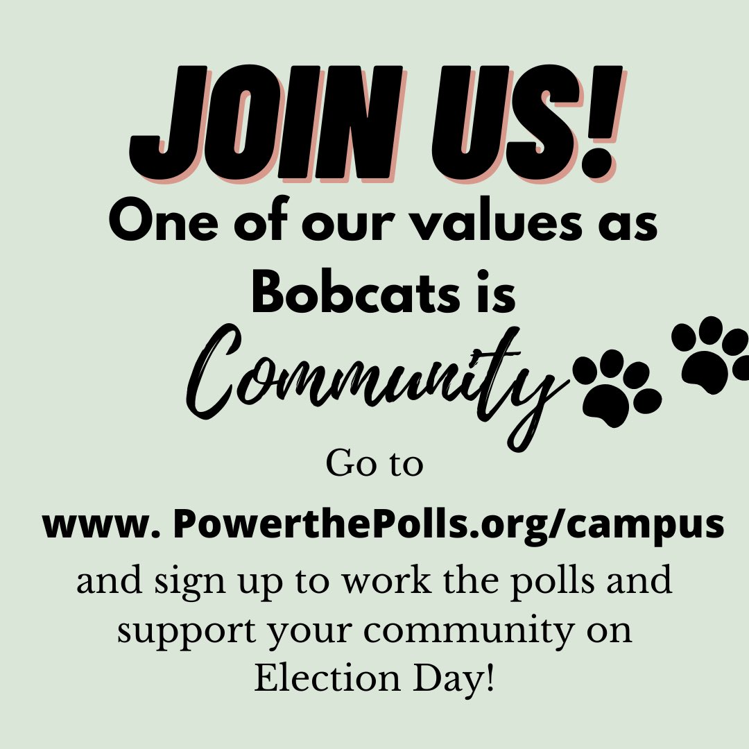 PowerThePollsOU's tweet photo. As Bobcats we work to support our Bobcat community and the other communities we love. Help support your fellow Bobcats and your community by signing up to be a poll worker this November 3rd - go to https://t.co/0isEhiGIIw
#bobcatspowerthepolls #PowerThePolls https://t.co/w3Z1yBiWyD