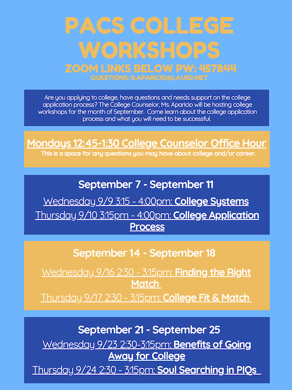 PACS_DRLC's tweet photo. We will be having College Workshops on Zoom, hosted by our college counselor Ms. Aparicio starting tomorrow (Wednesday 8/16) at 2:30PM. 

Go to link for more information.

https://t.co/mmb0xtbIlT https://t.co/vf8KZBvxsY