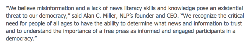 2/ This expansion comes in response to the growing crisis of false information in America.“We believe misinformation & a lack of news literacy skills & knowledge pose an existential threat to our democracy,” said founder and CEO  @alanmillerNLP #NewsLiteracy