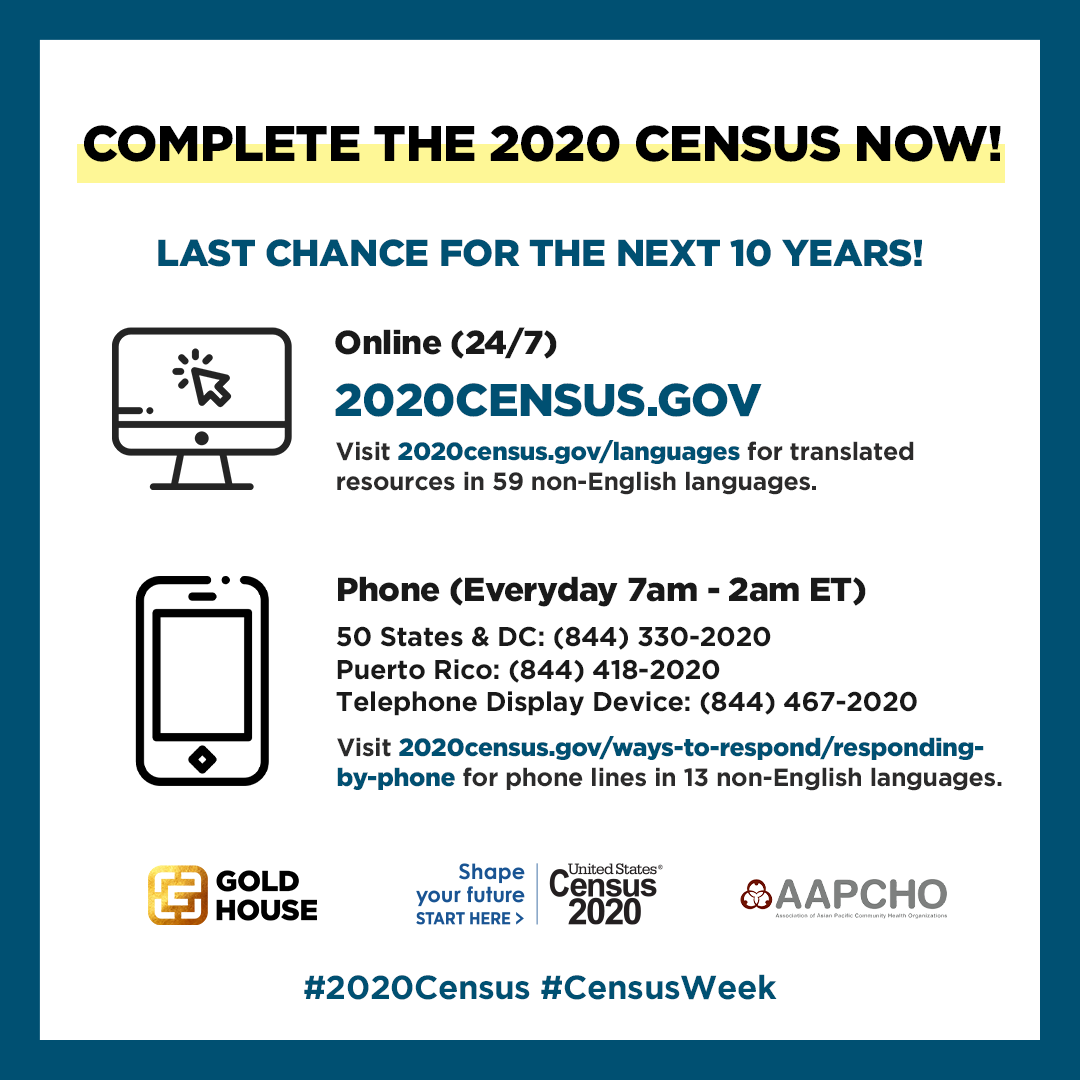 AAPCHOtweets's tweet image. It's important that we get an accurate count for the #2020Census so that  we meet our community’s needs+get proper gov't representation for the next 10 years. #CensusWeek #AAPI2020

Head to 2020census.gov to complete your Census today! 

cc: @goldhouseco