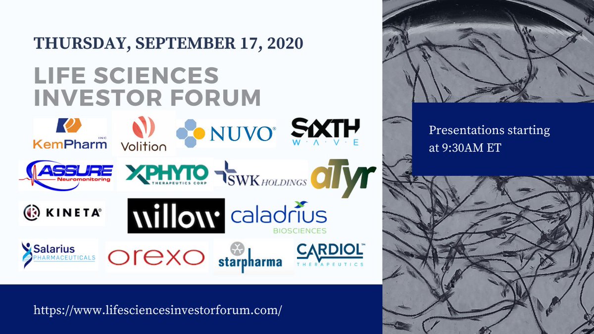 LifeSciForum's tweet photo. Join @RIConferences &amp; @IntradoDigital Thursday at 9:30amET for presentations from 15 #LifeScience Companies including @Starpharma_ASX @VolitionRx @kempharm @aTyrNews @CardiolRx @SalariusPharma @WillowBio @OrexoABpubl @CaladriusBio @kinetabio @SixthWaveNano https://t.co/AOmRDfyjZl https://t.co/5zQsKaIAmb