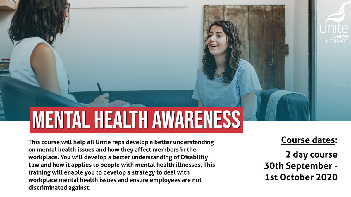 Unite_NorthWest's tweet photo. We are offering a 2 day Mental Health Awareness course for our Unite reps, to be held virtually, on 30th September & 1st October.
Please email Brian.Whitehill@unitetheunion.org to book your place.
#UniteEducation #LearnWithUnite #MentalHealthAwareness https://t.co/E6qRiUcHUS