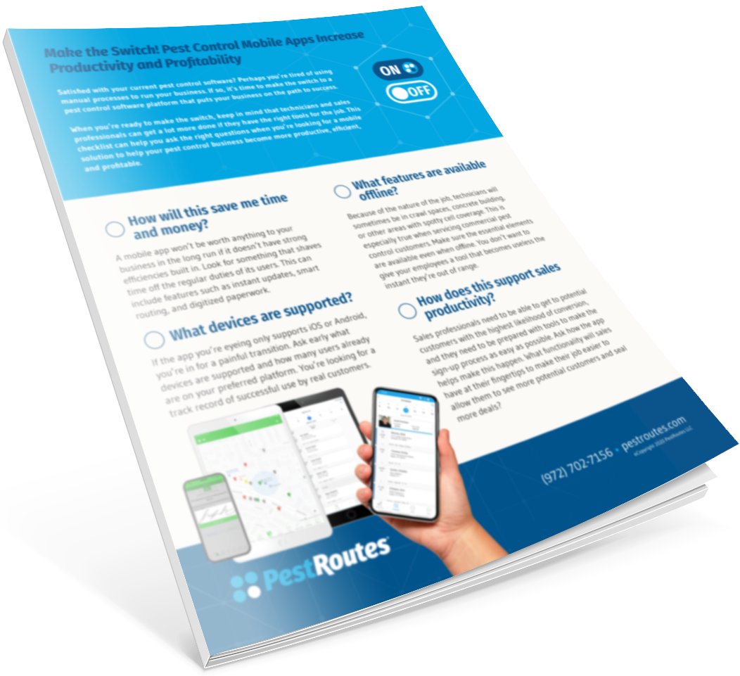 FieldRoutes's tweet image. Are you looking for a mobile solution to help your pest control business become more productive, efficient, and profitable? If so, our new checklist can help you ask the right questions! Download it here: ow.ly/mihc50B5Y9m
#PestControl #PestControlSoftware #SwitchSoftware