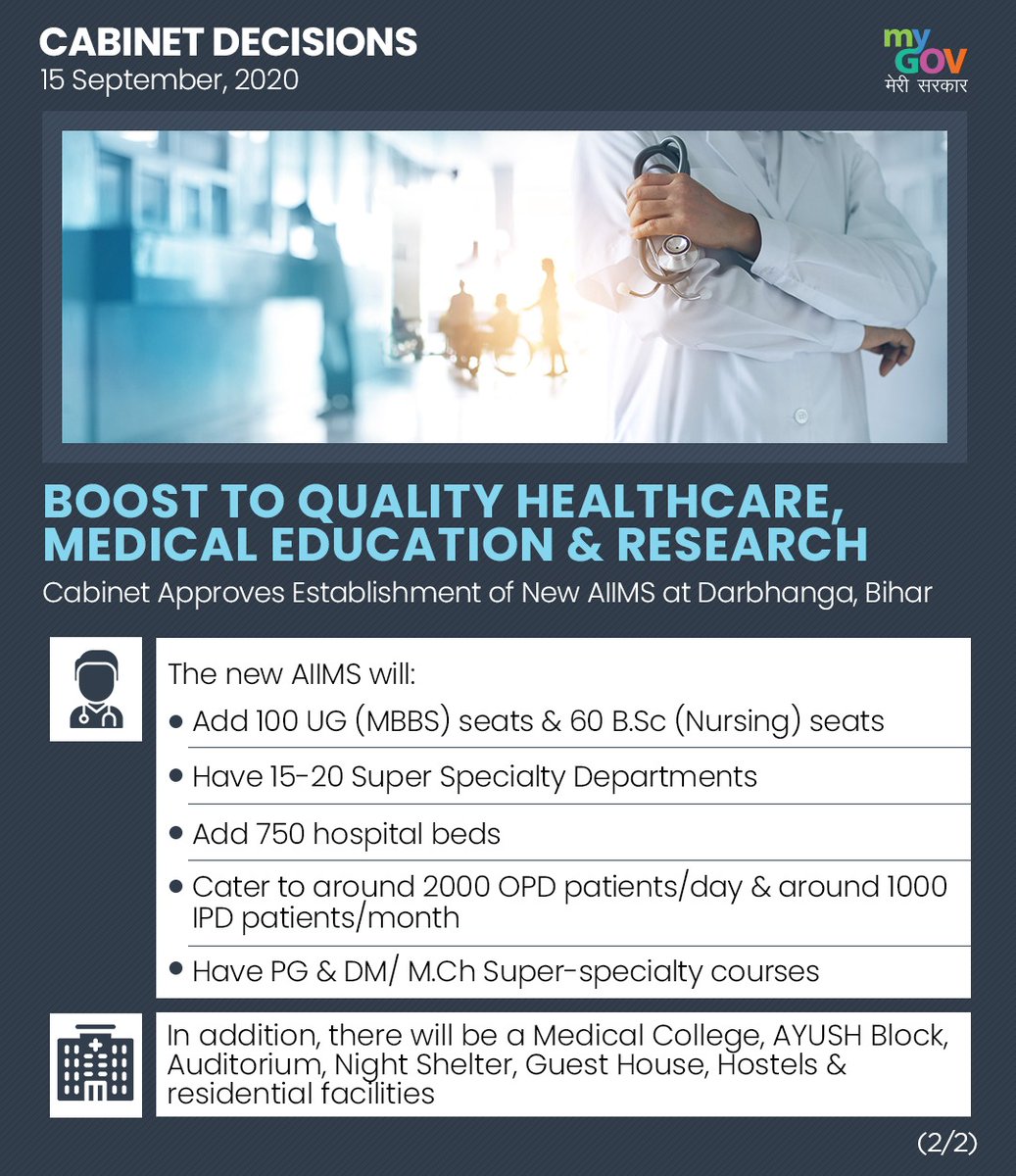 mygovindia's tweet photo. Cabinet approves the establishment of New AIIMS in Darbhanga, Bihar to boost quality Healthcare, Medical institutions, and Research. #CabinetDecisions https://t.co/nVxkJPqoGb