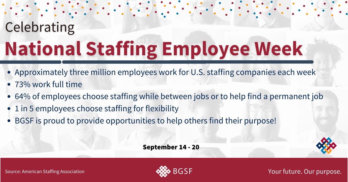 work4bgsf's tweet photo. We are proud to celebrate National Staffing Employee Week, September 14th - 20th. We’re grateful to partner with our clients to provide opportunities to help people find their purpose!
#Work4BG #NationalStaffingEmployeeWeek #yourfutureourpurpose https://t.co/RosLPbzirO