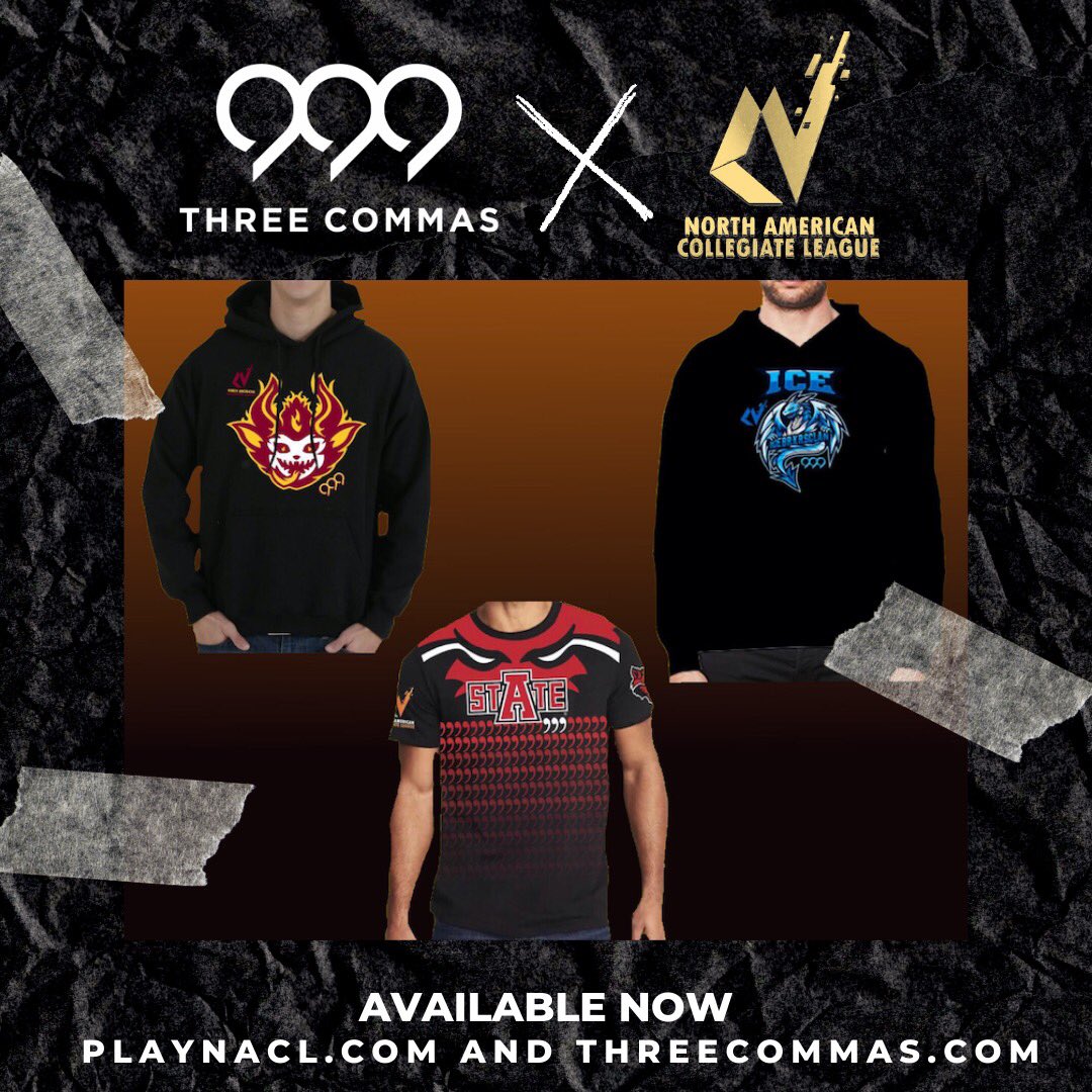 PLAYNACL's tweet photo. The #NACL has teamed up with Mark Cubans and Mike Chaffins #ThreeCommas brand for #Entrepreneurs. The Collegiate #Esports Collection is out now with Hoodies and Jerseys from your favorite collegiate teams, #gaming orgs and more. Check it out today at https://t.co/EZBjdlDMnq! https://t.co/CiU1gcimOs