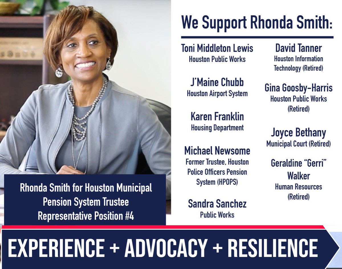 R_ScottSmith's tweet photo. Thank you so much to my fellow pension members who have endorsed me for #HMEPS Trustee Position 4! I am honored to add Sandra Sanchez Ricks, Houston Public Works and Karen Franklin, Houston Housing and Community Development to our list of supporters.
#Hpdstrong #Houstontx https://t.co/bKzkLbW7xy