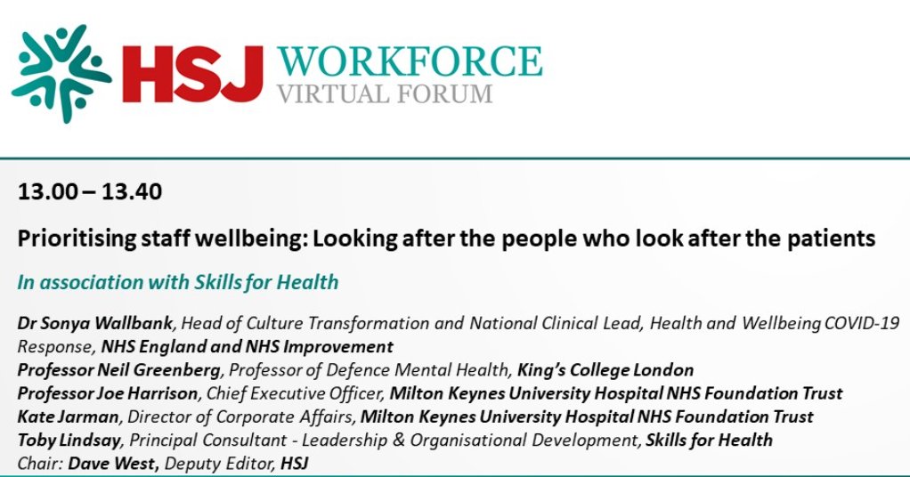 Our next #HSJworkforce Virtual Forum session starts at 1pm, focusing on the importance of staff wellbeing (in assoc w/ @skillsforhealth).

Panel includes @SonyaWallbank @ProfNGreenberg @JoeHMK @KateBurkeNHS @tobylindsay. 

See you at 1pm!