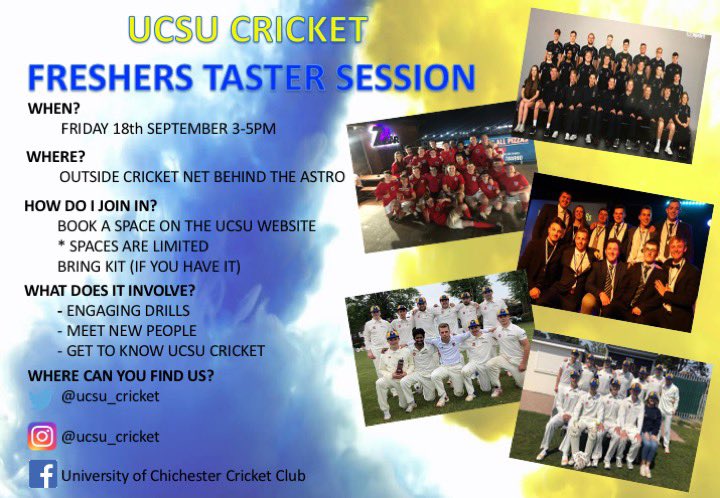 ucsu_cricket's tweet photo. CALLING ALL FRESHERS 💙💛 Fancy joining Cricket whilst you’re at uni? Come and get involved with our taster session on the 18th September 3-5pm. No previous experience required. Open to everyone! We look forward to meeting you 💙💛🏏 https://t.co/v02Kk39F3h