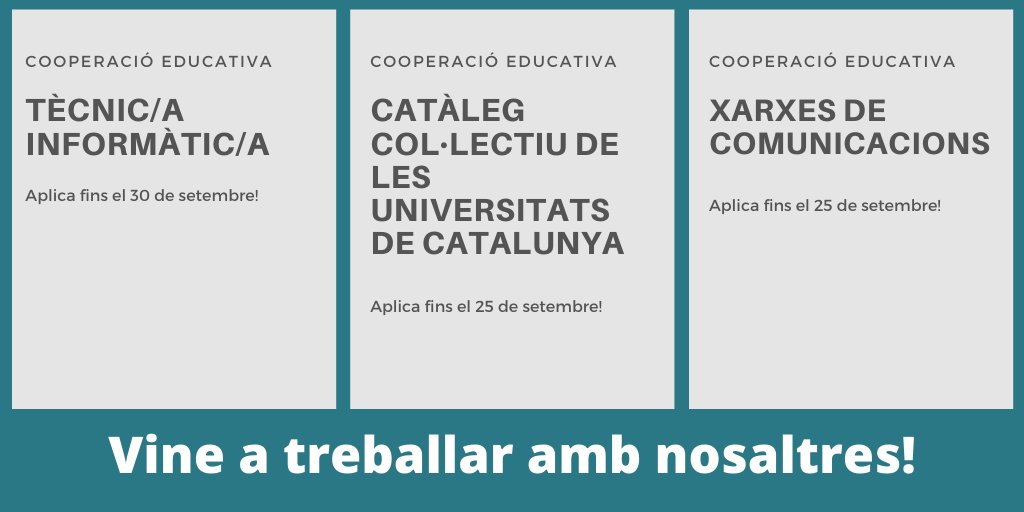 CSUC_info's tweet photo. Noves #ofertes de cooperació educativa:
✅ 1 de tècnic/a informàtic/a https://t.co/UMmjsFk8C7
✅ 1 de tècnic/a informàtic/a https://t.co/UcQAGZzm4C
✅ 1 per al #CCUC https://t.co/hEsRSLVzNs
✅ 1 per a xarxes de comunicacions https://t.co/d6JkC7z8y2

Vine a treballar al @CSUC_info https://t.co/6YptYlsIJO