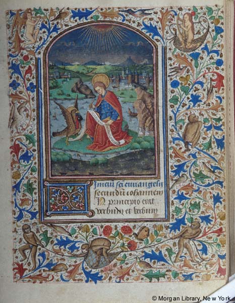 Or this depiction of John the Evangelist writing the Gospel of John, while a monkey squats in the margin and poops. (Morgan Library, MS M28, f. 013r)  #MedievalTwitter