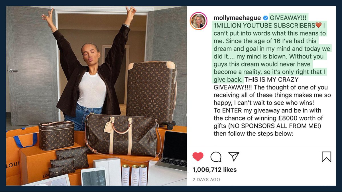 1/ The most important thing Molly-Mae did was time her giveaway with reaching 1M YouTube subscribers.This gave it purpose.It wasn't just an attempt to get some new followers. It was a celebration. And people got behind her.