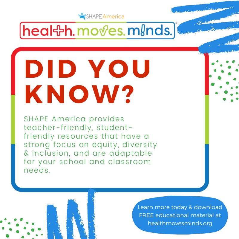 MOSHAPE1's tweet photo. 🚨DID YOU KNOW⁉️🚨
@SHAPE_America #HealthMovesMinds program focuses on equity, diversity, & inclusion ready for Ts & Ss?
Register ⬇️ to get 💯 FREE access! Adapt them 2 fit the needs of your school & classroom today!
#SHAPEEDI #SealTeamSix
➡️ https://t.co/euPpqjH8Bt ⬅️ https://t.co/9WvVXM8eS2