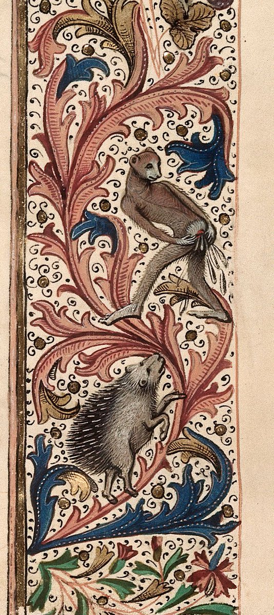 It sometimes happens in historical texts, like this sober page from a history depicting the Defeat of Cadwal, while a hedgehog watches a monkey shit. (BL, MS Royal 15 E IV, f. 180)